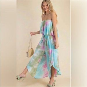 NEW Tye Dye Tube Top Ruffle Asymmetrical Hem Jumpsuit